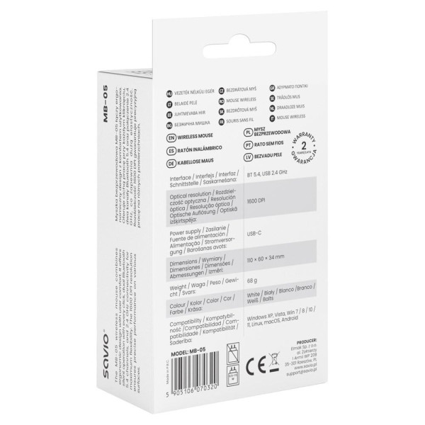 SAVIO MYSZ BEZPRZEWODOWA BT 2.4 GHZ BIAŁA MB-05
