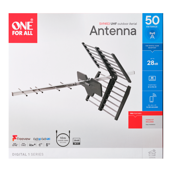 Antena zewnętrzna One For All SV9453 (filtr 5G), DVB-T/2, DAB, UHF, 4K, zasięg 50km