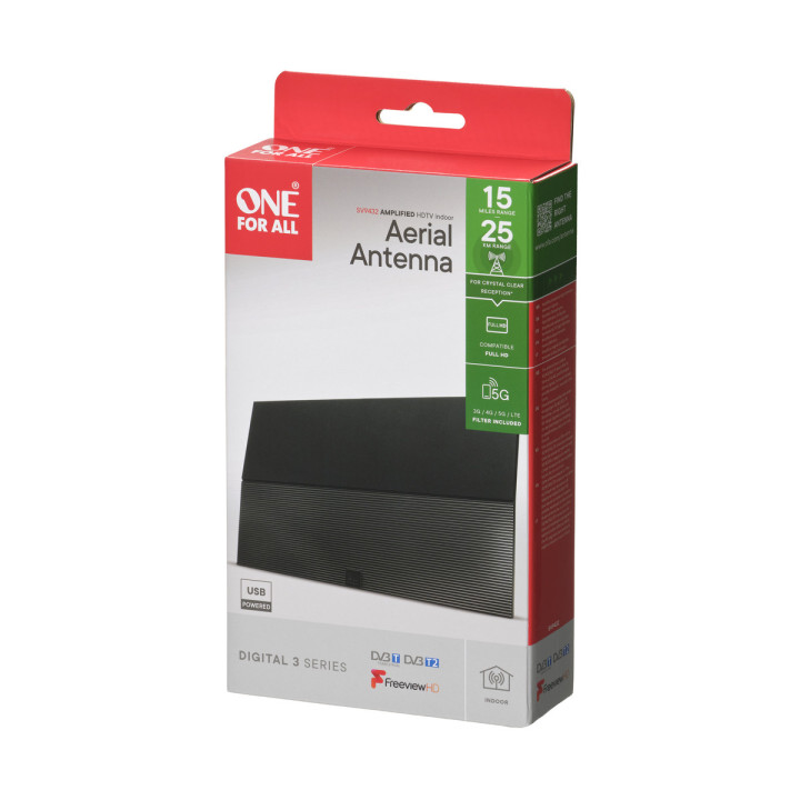 Wzmacniana antena wewnętrzna One For All SV9432-5G DVB-T (5G/4G), USB, zasięg 25km
