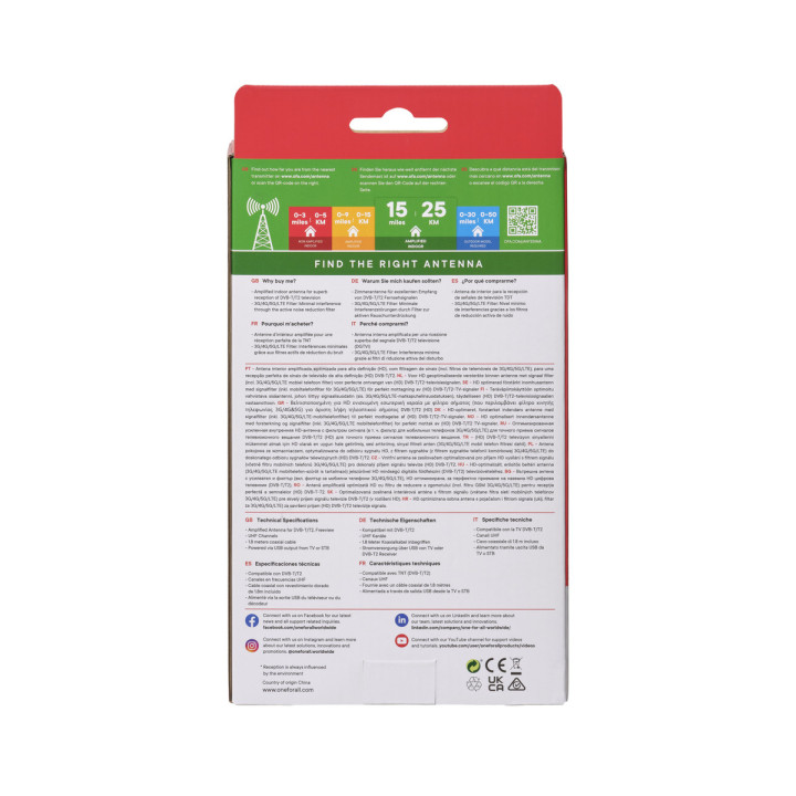 Wzmacniana antena wewnętrzna One For All SV9432-5G DVB-T (5G/4G), USB, zasięg 25km