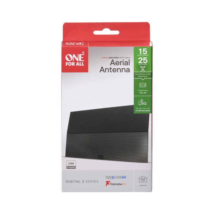 Wzmacniana antena wewnętrzna One For All SV9432-5G DVB-T (5G/4G), USB, zasięg 25km