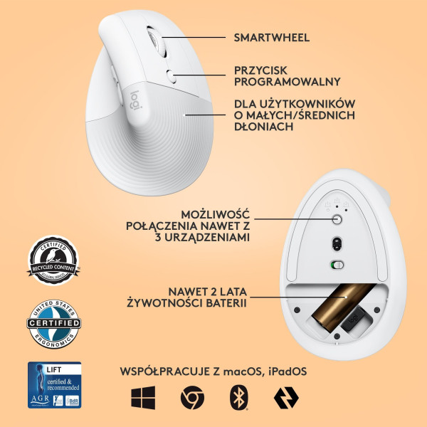 Mysz bezprzewodowa Logitech Lift ergonomiczna biała 910-006475