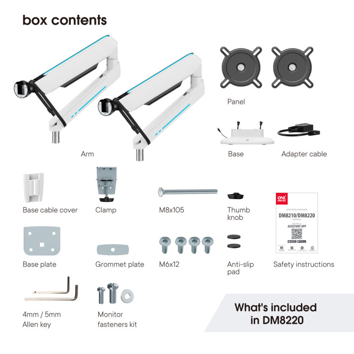 One For All DM8220 Uniwersalny uchwyt do monitora EXPERIENCE RGB, gaming, DUAL, biały, 2x 21''-45'' 14kg