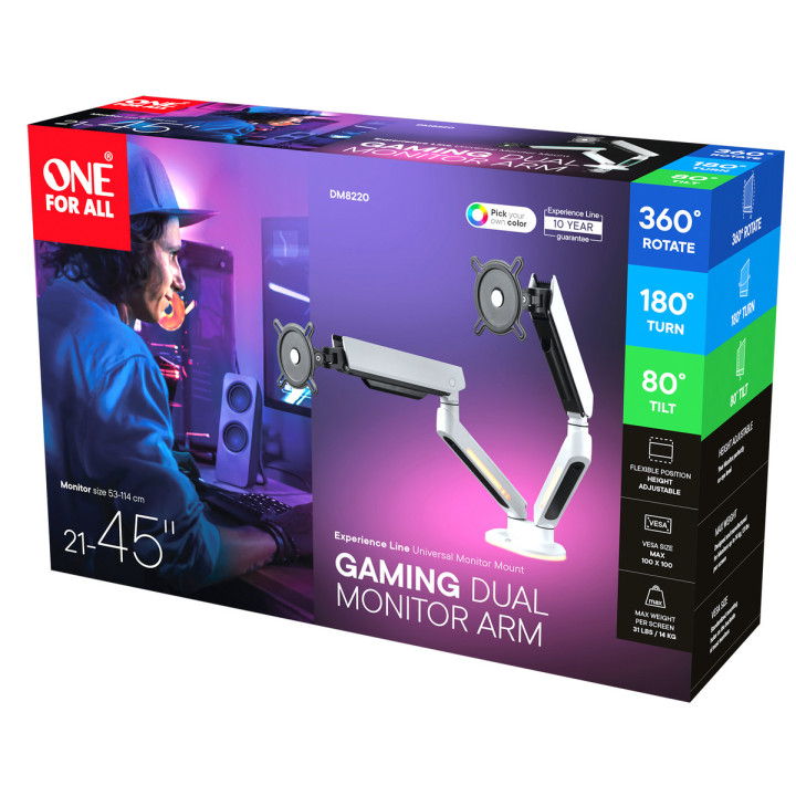 One For All DM8220 Uniwersalny uchwyt do monitora EXPERIENCE RGB, gaming, DUAL, biały, 2x 21''-45'' 14kg